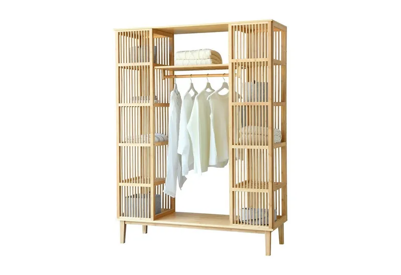 en.casa Kleiderschrank »Hudiksvall« mit 10 Staufächern, 2 großen Ablagen185x140x45cm Natur, Beige, – Produktbild 2 von 2