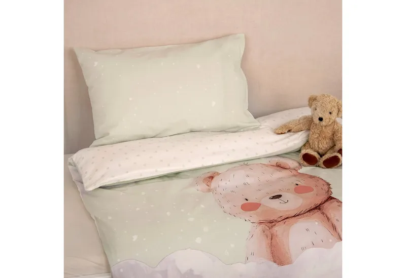 OTTO home Kinderbettwäsche Kleiner Liebling in Gr. 100x135 und 135x200 cm, Renforcé, 2 teilig, aus Baumwolle, mit niedlichem Bärenmotiv & Schriftzug, Babybettwäsche, Grün, – Produktbild 6 von 7