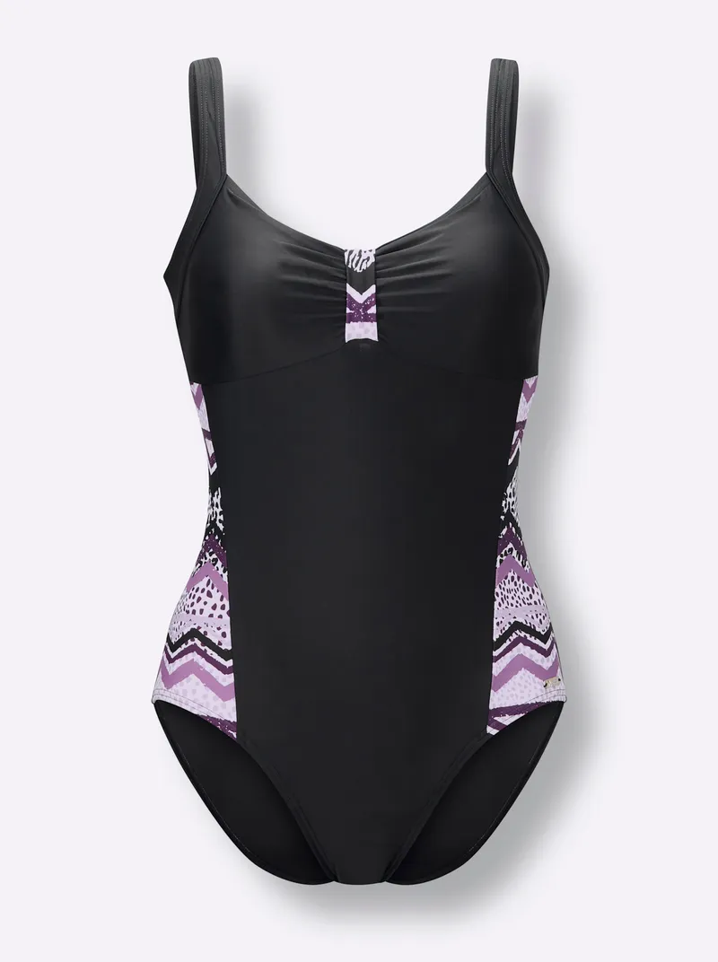 feel good Badeanzug violett-schwarz-bedruckt, Violett-schwarz-bedruckt, – Produktbild 1 von 2