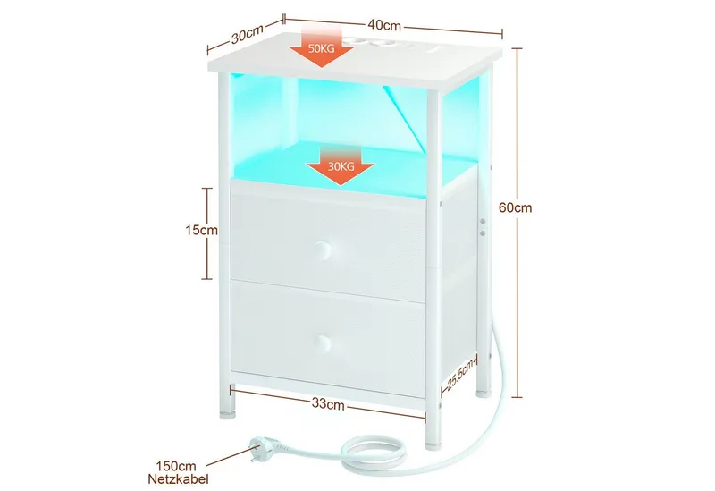 AMHANCIBLE Nachttisch 2er-Set mit integrierter Ladestation, LED-Beleuchtung & 2 Schubladen (2-St), multifunktionaler Beistelltisch mit offenem Fach, 40x30x60cm, Weiß, – Produktbild 2 von 4