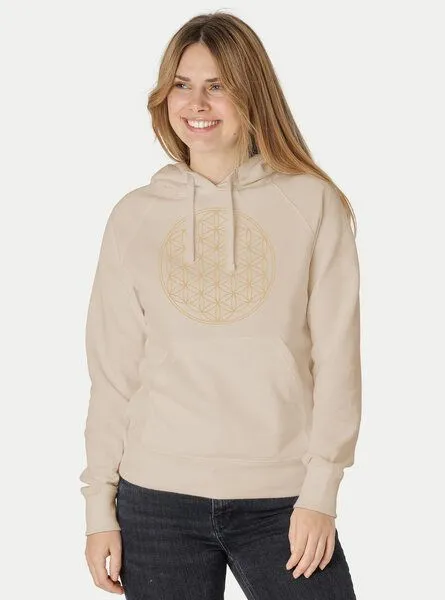 Peaces.bio - handbedruckte Biomode Peaces.bio - handbedruckte Biomode Bio-Damen-Kapuzensweater Die Blume des Lebens, Sand, – Produktbild 2 von 3
