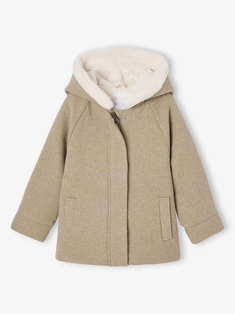 Vertbaudet Mädchen Wintermantel mit Kapuze und Schleife, Beige meliert, – Produktbild 1 von 4