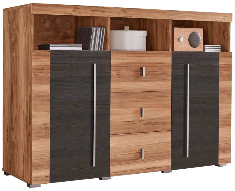 OTTO home Sideboard Roger,Breite 132cm, stilvolle Schrank, 2 Holztüren 3 Schubladen, Kommode mit viel Stauraum, Einlegeböden verstellbar, Braun, – Produktbild 2 von 5