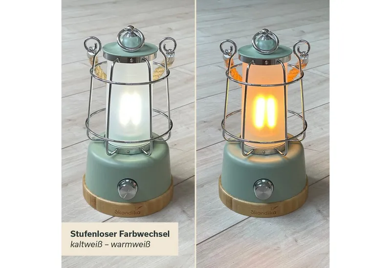 Skandika LED Gartenleuchte Campinglampe Kiruna aufladbar mit Powerbank 5000 mAh, USB, Retro Outdoor Lampe, stufenlos dimmbar, kabellos, 75h Leuchtzeit, Akku, Grün, – Produktbild 2 von 5