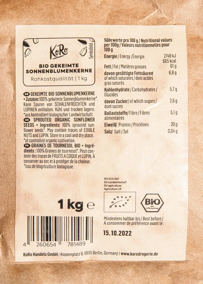 KoRo Gekeimte Bio Sonnenblumenkerne 1 kg – Produktbild 3 von 5