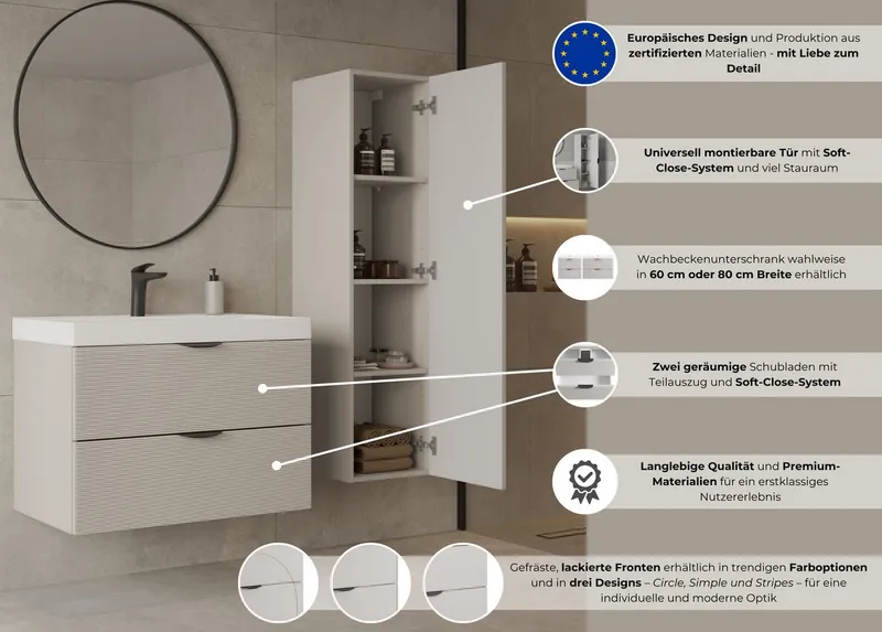 welltime Waschtisch FLOW SIMPLE mit Waschbecken, Breite 60 oder 80cm, modernes Design, Schrank mit 2 Schubladen, Soft-Close-Function, in 2 Breiten erhältlich, Weiß, – Produktbild 4 von 5