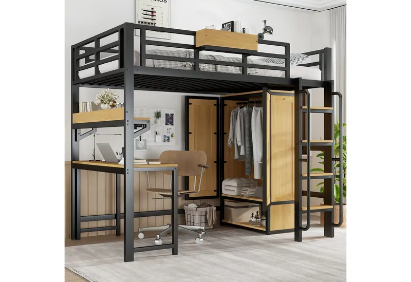 Odikalo Hochbett 90x200 Metallbett mit Schreibtisch,Kleiderschrank (Eisenbett, Jugendbett, Kinderbett, Mit Doppeltür-Kleiderschrank, Treppe mit Handläufen, Mit Schreibtisch und Aufbewahrungsregal, Oberes Bett mit Ablagefächern, Eisen + MDF, Schwarz+Natur – Produktbild 1 von 4