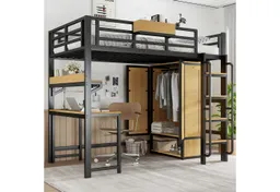 Odikalo Hochbett 90x200 Metallbett mit Schreibtisch,Kleiderschrank (Eisenbett, Jugendbett, Kinderbett, Mit Doppeltür-Kleiderschrank, Treppe mit Handläufen, Mit Schreibtisch und Aufbewahrungsregal, Oberes Bett mit Ablagefächern, Eisen + MDF, Schwarz+Natur – Produktbild 1 von 1