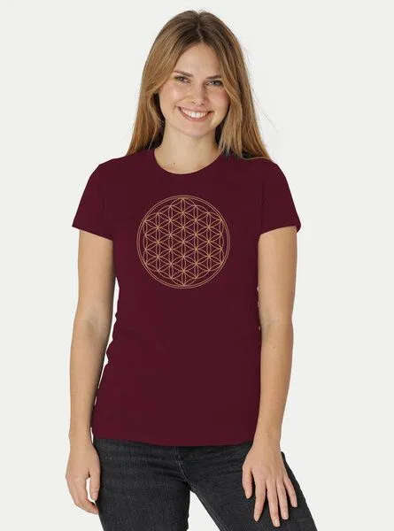 Peaces.bio - handbedruckte Biomode Peaces.bio - handbedruckte Biomode Bio-Damen-T-Shirt Die Blume des Lebens, Bordeaux, – Produktbild 2 von 2