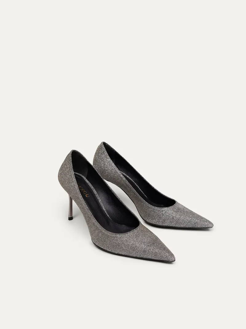 BIKKOU BIKKOU Damen vegan Pumps Romantisches Abendessen Silberner Lurex, Hellgrau, – Produktbild 1 von 2
