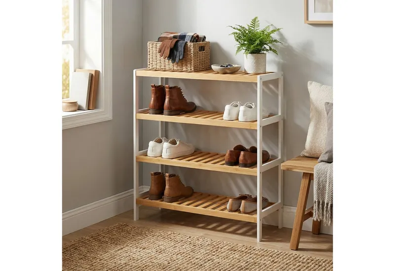 SONGMICS SONGMICS Schuhregal Schuhablage, Schuh-Organizer, für Wohnzimmer, Schlafzimmer, Badezimmer, Bambus, 4 Ebenen, Regal für Schuhe, Pflanzen, Bücher, 26x70x75,5 cm, Beige, – Produktbild 4 von 5