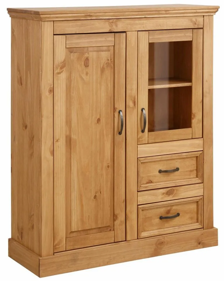 OTTO home Highboard Selma Vitrine mit 2 Türen, eine davon mit Glaseinsatz und 2 Schubläden, aus massivem Kiefernholz, mit einer natürliche Maserung, Metallgriffe, Beige, – Produktbild 2 von 4