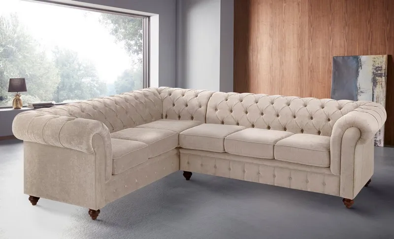 OTTO home Chesterfield-Sofa Chesterfield Ecksofa, auch in Leder L-Form, hochwertige Knopfheftung, langer Schenkel links oder rechts wählbar, Beige, – Produktbild 5 von 5