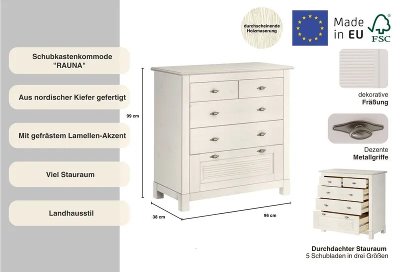 OTTO home Schubkastenkommode Rauna, aus massiver Kiefer mit 5 Schubladen, Breite 96 cm, Weiß, – Produktbild 4 von 5
