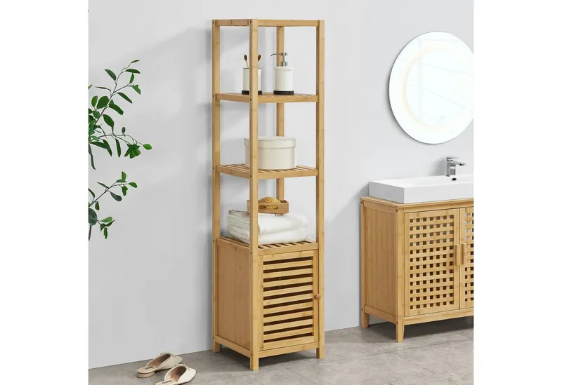 en.casa Standregal, »Liminka« Badregal mit Schranktür 4 Ablagen Bambusregal Natur, Beige, – Produktbild 2 von 4