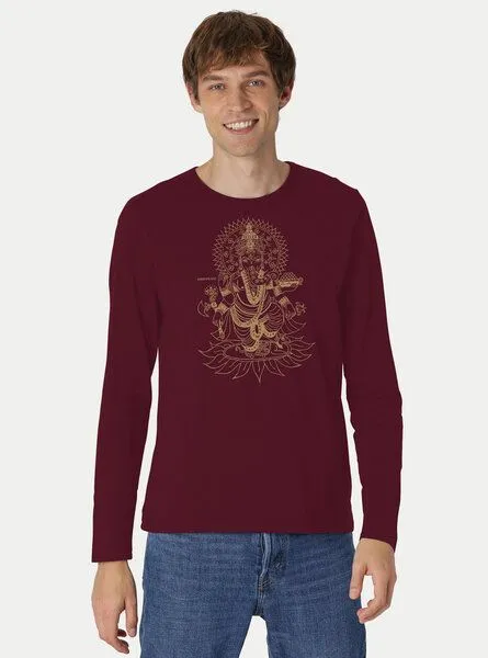 Peaces.bio - handbedruckte Biomode Peaces.bio - handbedruckte Biomode Bio-Herren-Langarmshirt Ganesha, Bordeaux, – Produktbild 2 von 3