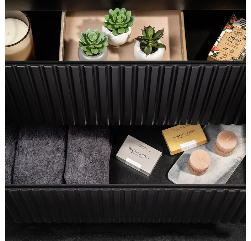 Lomadox Waschtisch NEWPORT-56-BLACK, in schwarz mit Eiche, gerillte Front, schwarzes Keramikwaschbecken, Schwarz, – Produktbild 3 von 5