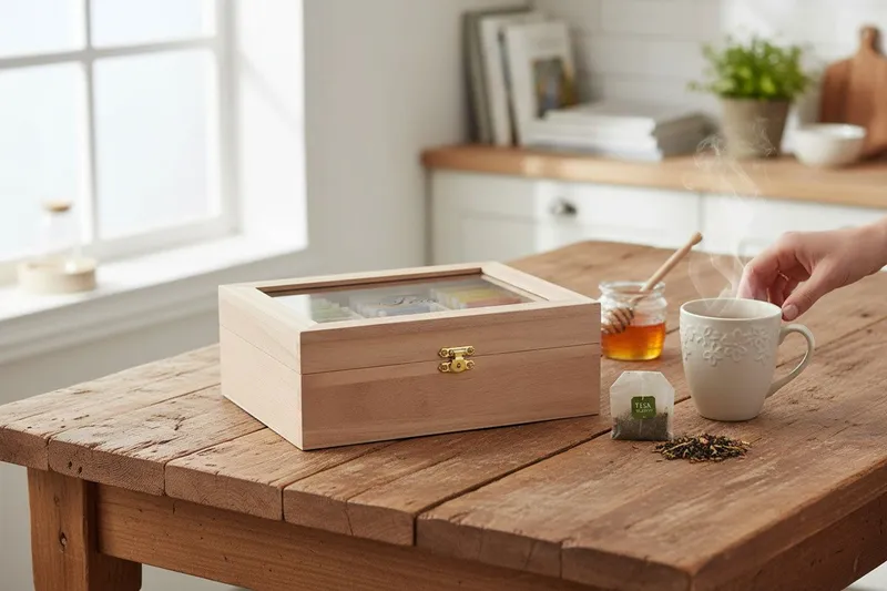 LS-LebenStil Teebox Holz Aufbewahrungsbox Teebox 6 Fächer mit Deckel für Teebeutel, Bambus, (Nachhaltige Teekiste Holzkiste Slogan Tea, 1-tlg., mit durchsichtigem Glas-Deckel Organizer Aufbewahrung für Tee), Braun, – Produktbild 4 von 5