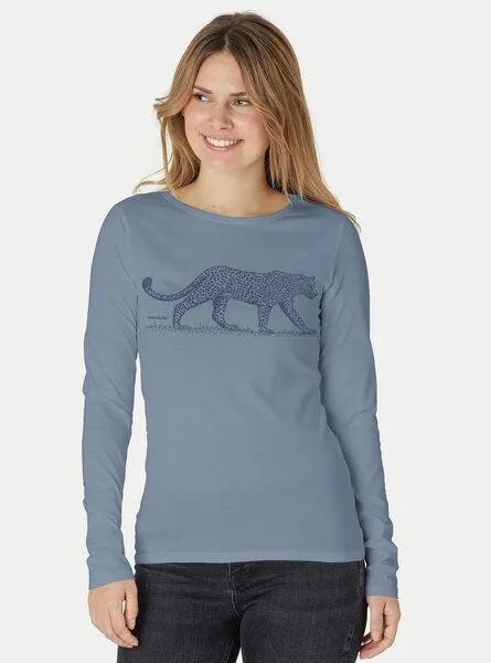 Peaces.bio - handbedruckte Biomode Peaces.bio - handbedruckte Biomode Bio-Damen-Langarmshirt Leopard, Blaugrau, – Produktbild 1 von 2