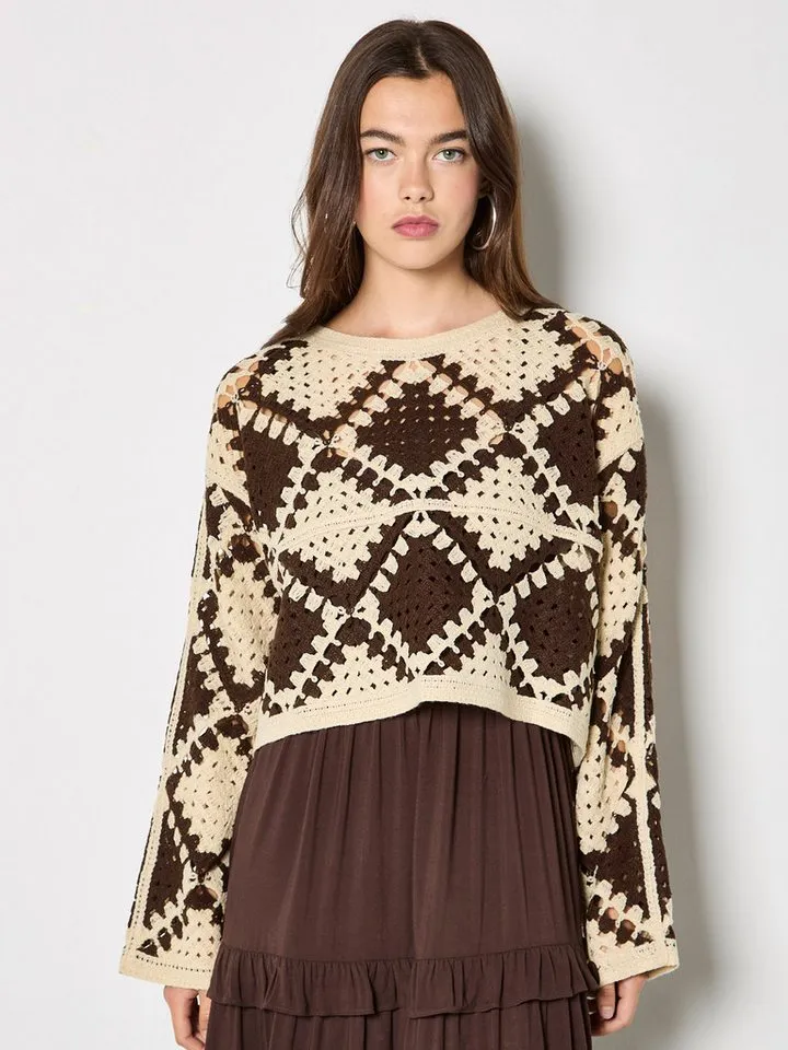 Apricot Apricot Strickpullover Kurzer Pullover mit Häkelrauten, Grau, – Produktbild 2 von 5