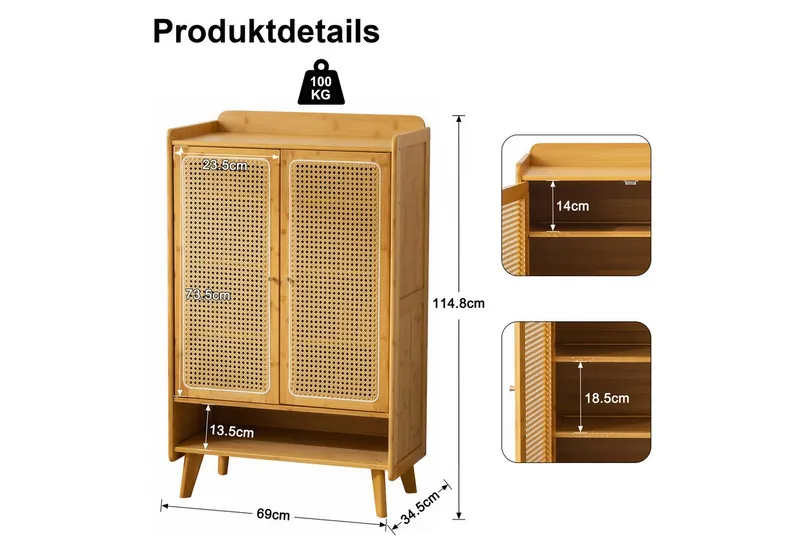 Estiliza Schuhschrank aus Holz mit Rattantüren, 5 Ebenen Bambus Regal (1-St), Beige, – Produktbild 2 von 5