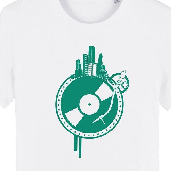 Spangeltangel Spangeltangel T-Shirt "Weltscheibe", Herren, bedruckt, Siebdruck, Schallplatte und Erdkugel, Weiß, – Produktbild 2 von 4