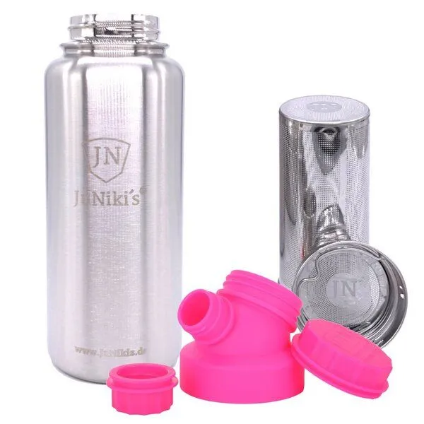 JN JuNiki's JN JuNiki's isolierte Edelstahl Trinkflasche 1 Liter + Teefilter, Pink, – Produktbild 1 von 4