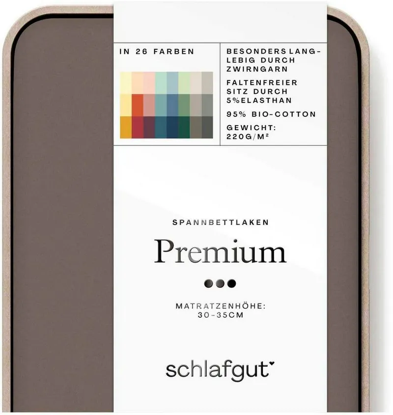 Schlafgut Schlafgut Spannbettlaken PREMIUM Mako-Zwirn-Jersey, 220 g/m², 95% Bio-Baumwolle, 5% Elasthan, Mako-Zwirn-Jersey, Gummizug: rundum, (1 Stück), Bettlaken bis 30 cm Höhe, PREMIUM-Qualität langlebig, perfekter Sitz, Braun, – Produktbild 3 von 5
