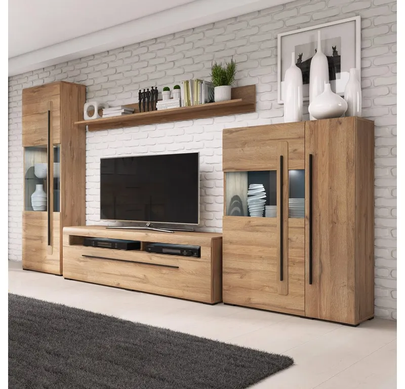 Lomadox Wohnwand TURDA-83, (4-St), Grandson Beleuchtung und Absetzungen schwarz 340/204/50 cm, Braun, – Produktbild 1 von 5