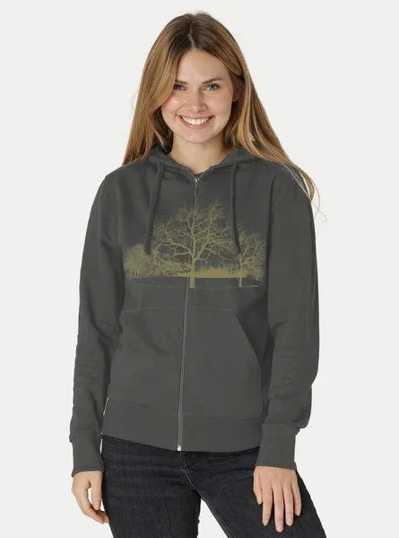 Peaces.bio - handbedruckte Biomode Peaces.bio - handbedruckte Biomode Zip-Hoodie Landscape Damen, Graphitgrau, – Produktbild 2 von 2