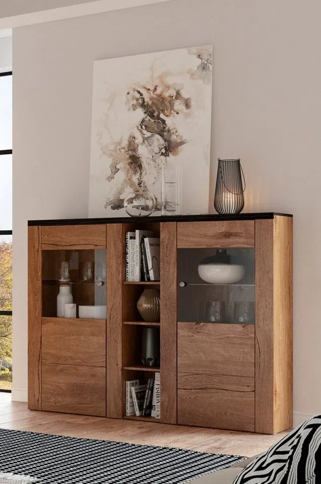 OTTO home Highboard Larona, zeitlose Hochkommode mit 2 Türen, Türkommode, Höhe 129,5 cm, Anrichte mit dekorative Rahmenoptik, Türen mit Glaseinsatz, Braun, – Produktbild 2 von 8