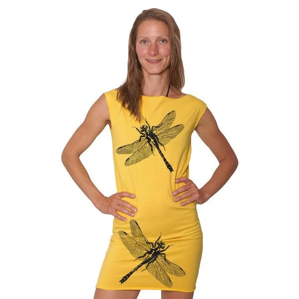 HANDGEDRUCKT HANDGEDRUCKT "3Azurjungfern" Bio-Kleidchen, Maisgelb, – Produktbild 1 von 3