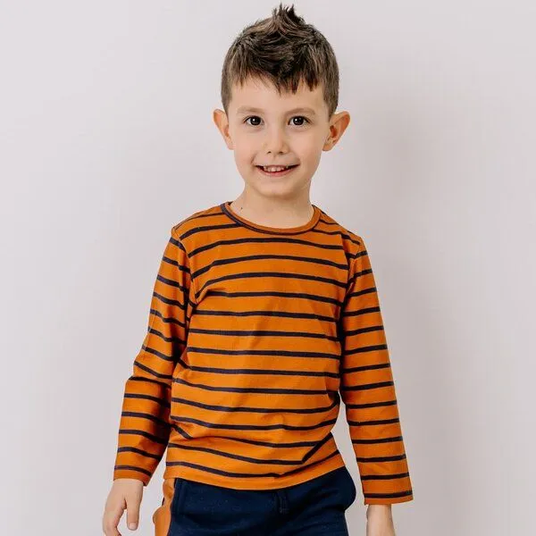 Walkiddy Walkiddy Kinder Langarmshirt GOTS-zertifiziert aus Bio-Baumwolle braun-orange gestreift, Braun, – Produktbild 1 von 3