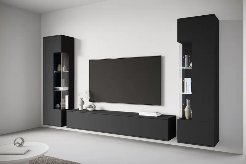 OTTO home Wohnwand Kenia, Vitrine Türanschlag links/rechts wechselbar, (3-St), Vitrinen mit Eckverglasung, hängend und stehend montierbar, Schwarz, – Produktbild 5 von 7