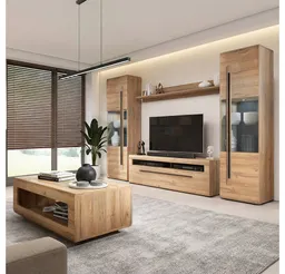 Lomadox Wohnzimmer-Set TURDA-83, (Mega-Spar-Set, 5-St., Couchtisch Highboard Lowboard Sideboard Vitrine Wandregal), Eiche braun Metallgriffe TV-Wand inkl. LED Beleuchtung modern – Produktbild 1 von 1