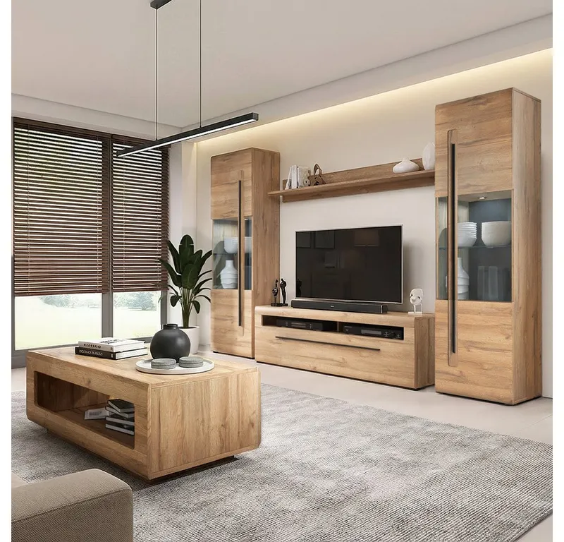 Lomadox Wohnzimmer-Set TURDA-83, (Mega-Spar-Set, 5-St., Couchtisch Highboard Lowboard Sideboard Vitrine Wandregal), Eiche braun Metallgriffe TV-Wand inkl. LED Beleuchtung modern, Braun, – Produktbild 1 von 5