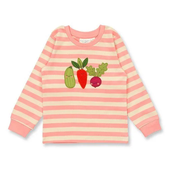 Sense Organics Sense Organics Kinder Schlafanzug, Modell LONG JOHN, Korallenrosa-weß geringelt mit gemüse-applikation, – Produktbild 2 von 4