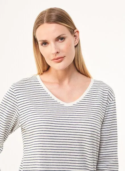 ORGANICATION ORGANICATION Gestreiftes 3/4-Arm Shirt aus Bio-Baumwolle und Leinen, Weiß(off white), – Produktbild 4 von 4