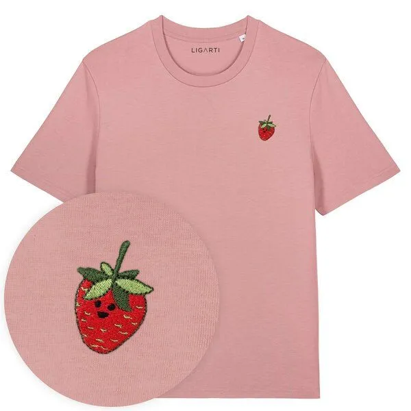 LIGARTI Besticktes T-Shirt – Erdbeere – LIGARTI Tiermanufaktur, Altrosa, – Produktbild 1 von 3