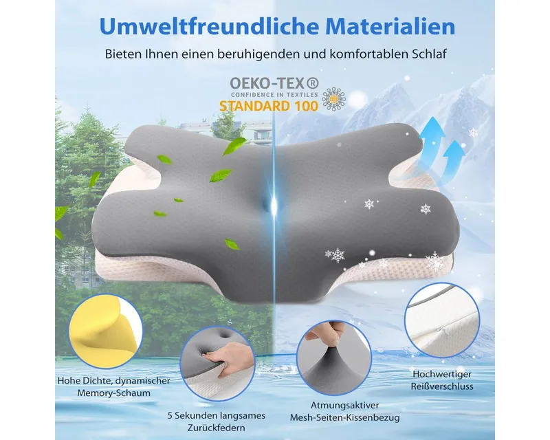 Simloveve Kopfkissen Nackenstützkissen,Schlafkissen,Nackenkissen,Seitenschläferkissen, Füllung: Kopfkissen aus Memory Foam, Bezug: kühlendes Kopfkissen, atmungsaktiv und weich, Kissen für Seiten Rücken & Bauchschläfer, OEKO-TEX® & CertiPUR-US Zertifiziert, Anti-Schnarch Ergonomisches Nackenstützkissen orthopädisches Kissen, Grau, – Produktbild 6 von 6