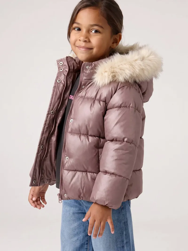 Vertbaudet Mädchen Steppjacke mit Kapuze und Fleecefutter, Malve, – Produktbild 1 von 4