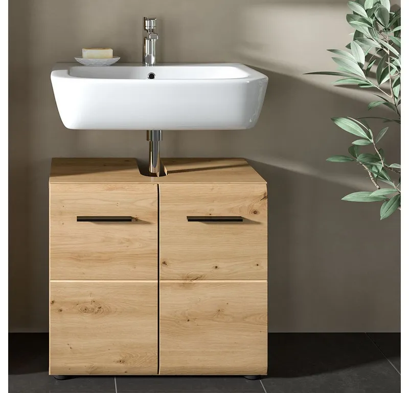 Lomadox Waschbeckenschrank IGGESUND-158 60 cm breit mit 2 Türen, Braun, – Produktbild 4 von 5