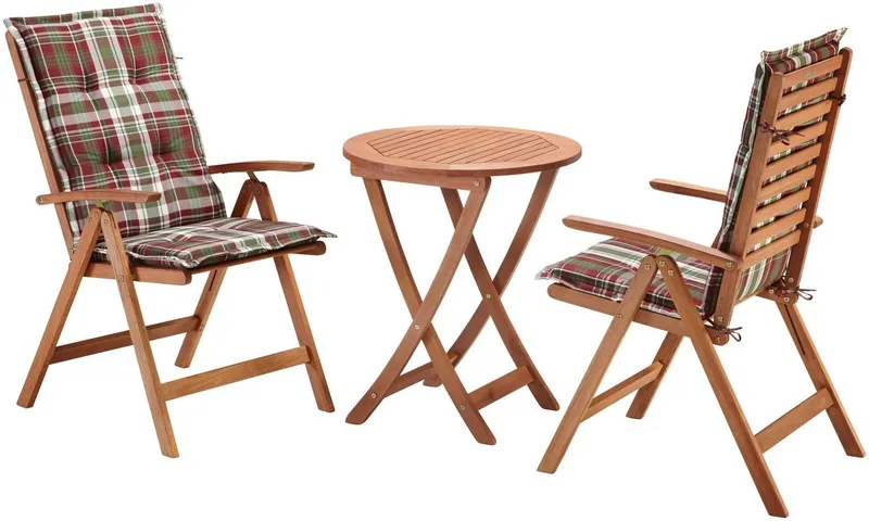 Merxx Merxx Balkonset Borkum, (5-tlg., 2x Klappsessel, inkl. Sitz- und Rückenkissen, 1x Klapptisch Ø 65 cm), Eukalyptusholz, FSC® Mix, geeignet für 2 Personen, Braun, – Produktbild 2 von 5