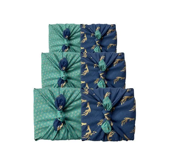 FabRap Gift Wrap FabRap Gift Wrap Wiederverwendbare Geschenkverpackung Furoshiki Set mit drei Größen (doppelseitig), Jade & midnight reindeers, – Produktbild 2 von 4