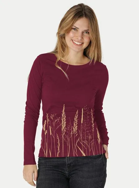 Peaces.bio - handbedruckte Biomode Peaces.bio - handbedruckte Biomode Bio-Damen-Langarmshirt Gräservielfalt, Bordeaux, – Produktbild 1 von 2