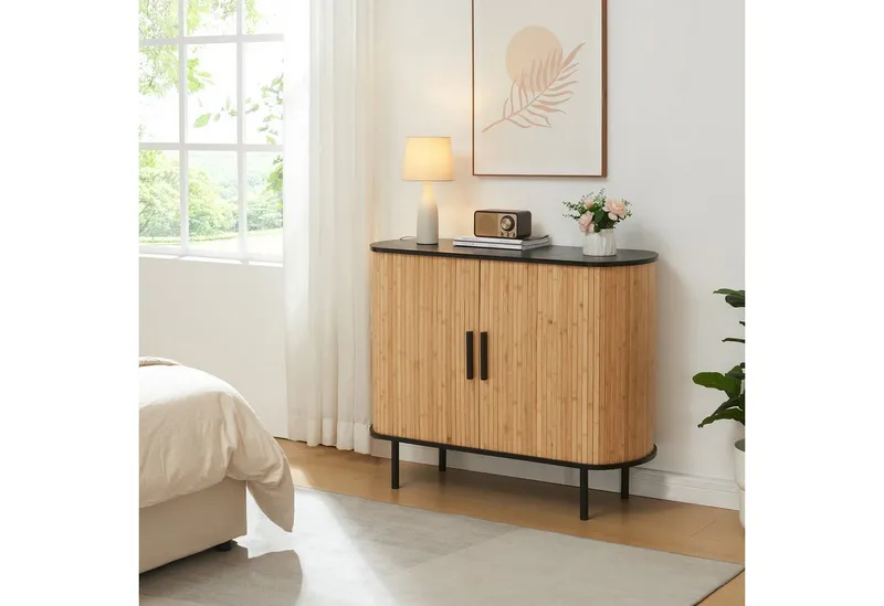 en.casa Kommode, »Tvedestrand« mit 2 Schiebetüren 100x40x80 cm Schwarz/Natur, Schwarz, – Produktbild 2 von 5