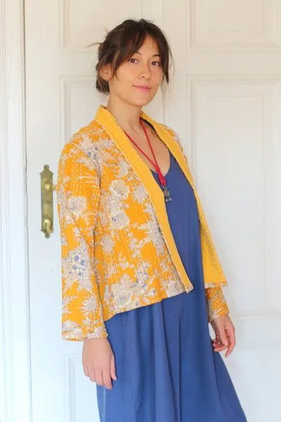 ManduTrap ManduTrap Boho Cardigan Damen – leichte Übergangsjacke aus recycelter Baumwolle (Kantha) – Sunaja, Gelb, – Produktbild 3 von 4