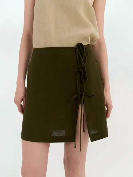 AmourLinen AmourLinen Leinenrock mit Bindebändern MANON, Deep olive (grün), – Produktbild 2 von 2