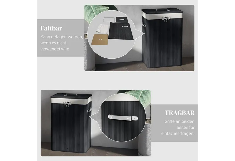 HOMCOM HOMCOM Wäschekorb schmal Wäschesammler mit Griff, für Schlafzimmer & Bad, Schwarz (Set, 1 St., Wäschekorb mit Wäschesack), 72L, Bambus, herausnehmbarer Wäschesack, Deckel, Schwarz, – Produktbild 4 von 5