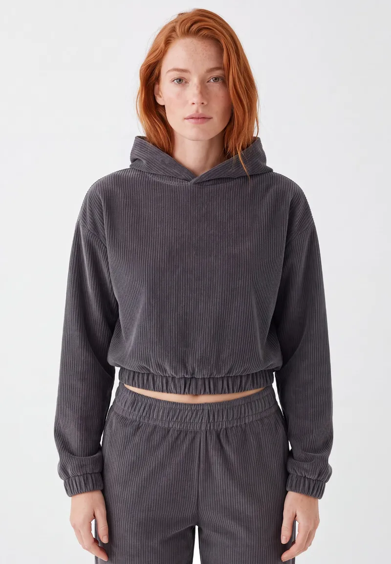 ORGANICATION ORGANICATION Damen vegan Kurzer Hoodie Aus Cord In Shadow Grey, Grau, – Produktbild 1 von 1